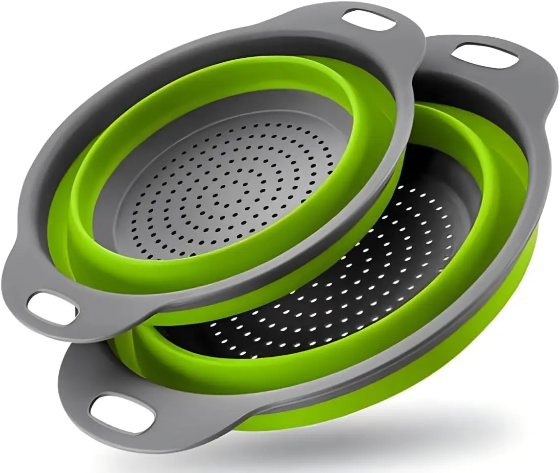 Green Single-Piece Collapsible Silicone Strainer - Multi-Purpose Colander for Pasta Fruits Vegetables Kitchen Travel
