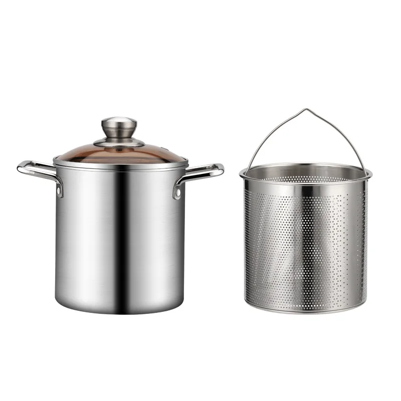 LMETJMA 3L Deep Fryer Pot Stainless Steel Frying Pot With Mesh Steamer Basket Japanese Tempura Fryer Pot with Lid and Tong JT230