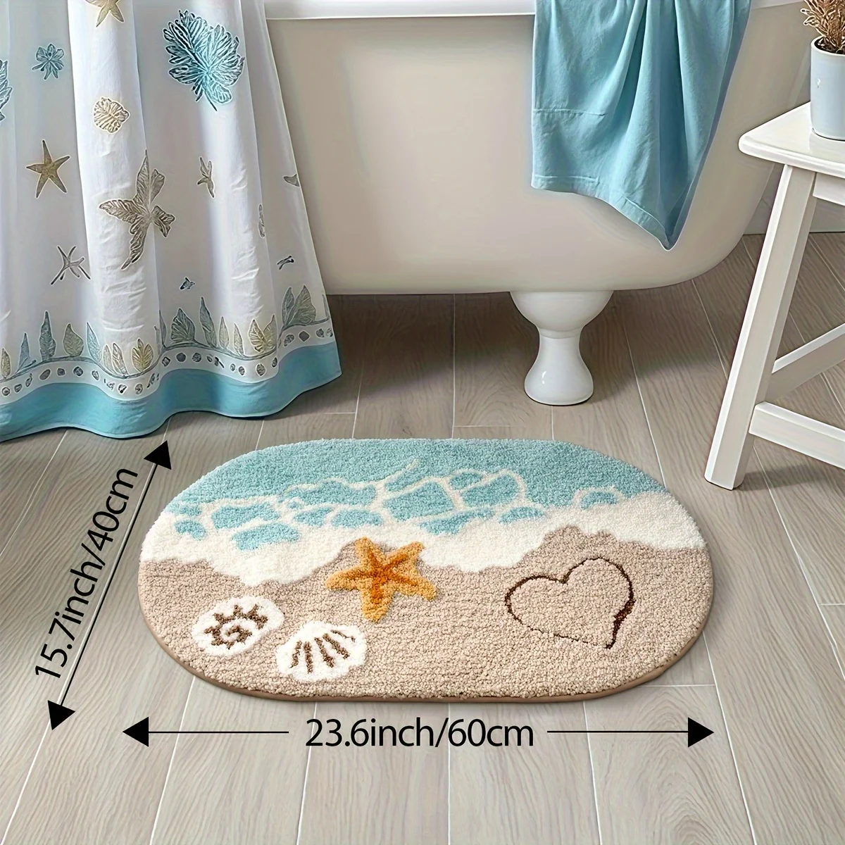1pc Ocean-Themed Plush Faux Cashmere Bathroom Mat, Anti-Slip Absorbent Bath Mat with Beach Starfish & Heart Design