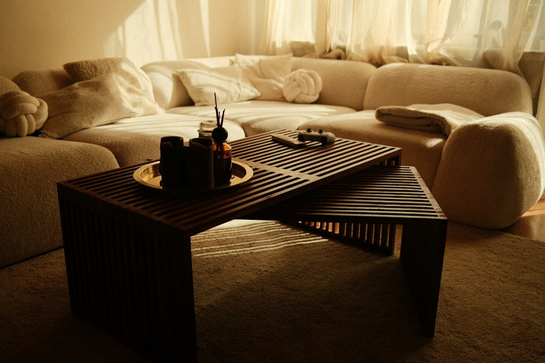 Cozy living room with modern sofa and unique coffee table
