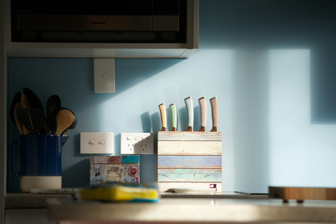 Kitchen counter with knives and utensils in a holder