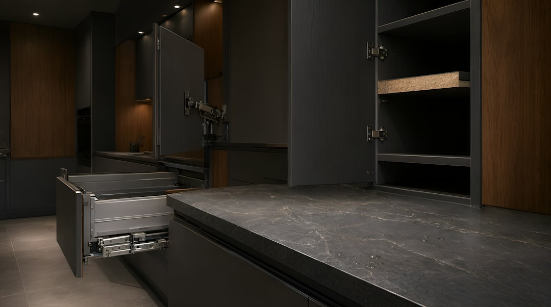 Modern dark gray kitchen with open cabinet and drawer