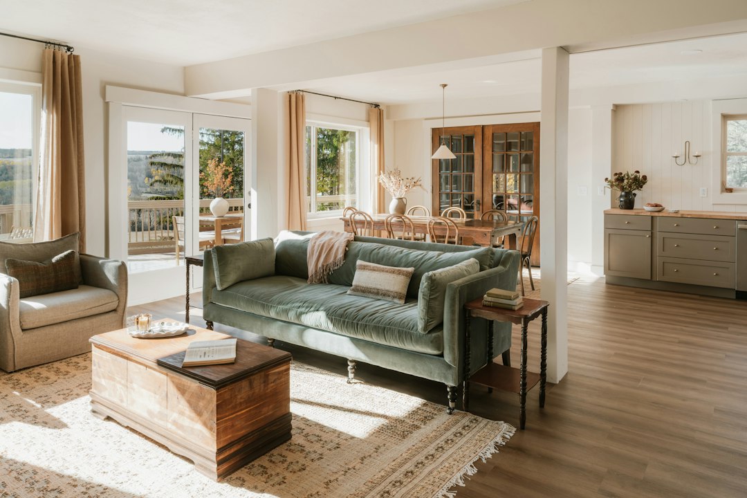 Cozy living room with plush sofa and wooden chest